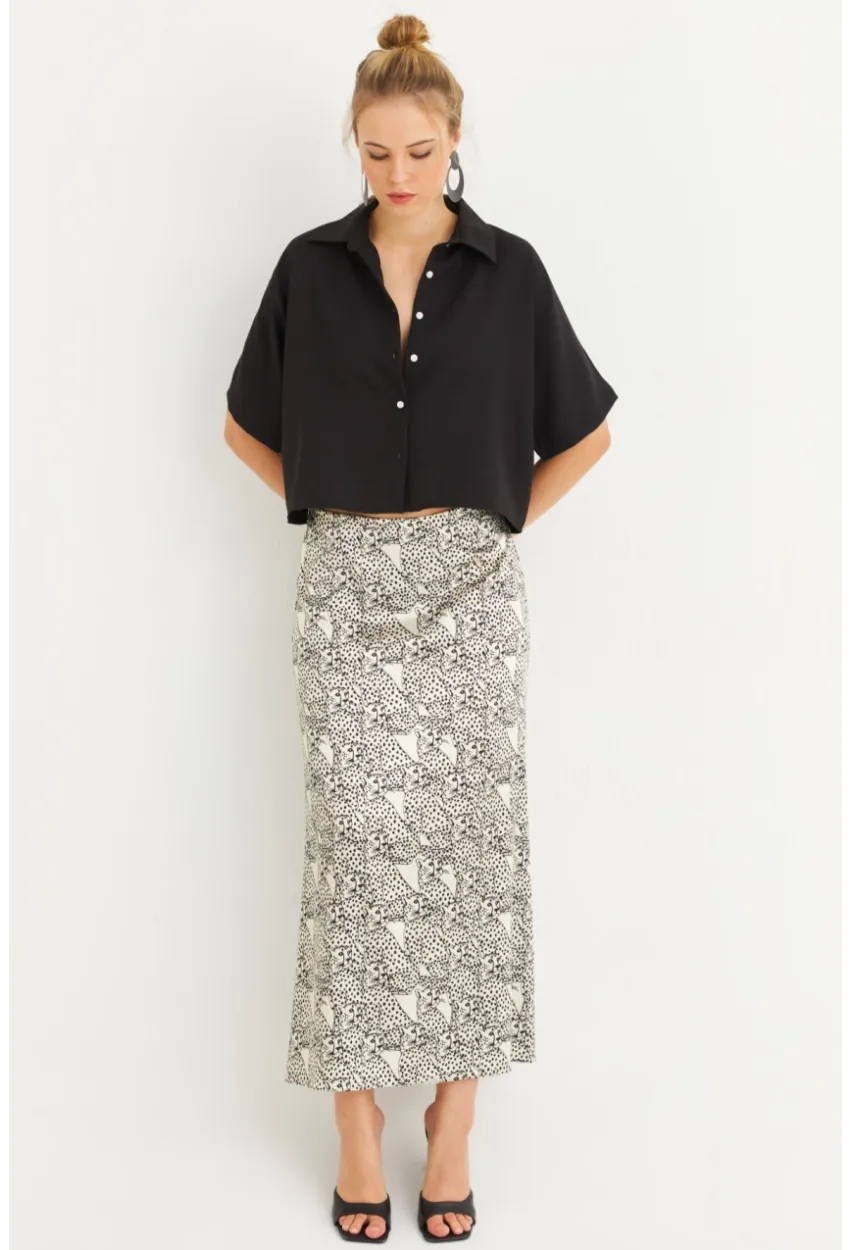 Kadın Siyah-Ekru Saten Midi Etek FİR1970