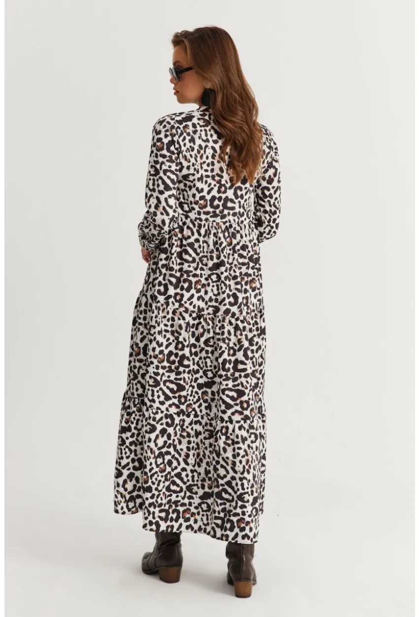 Kadın Siyah-Ekru Volanlı Desenli Maxi Elbise YLE14