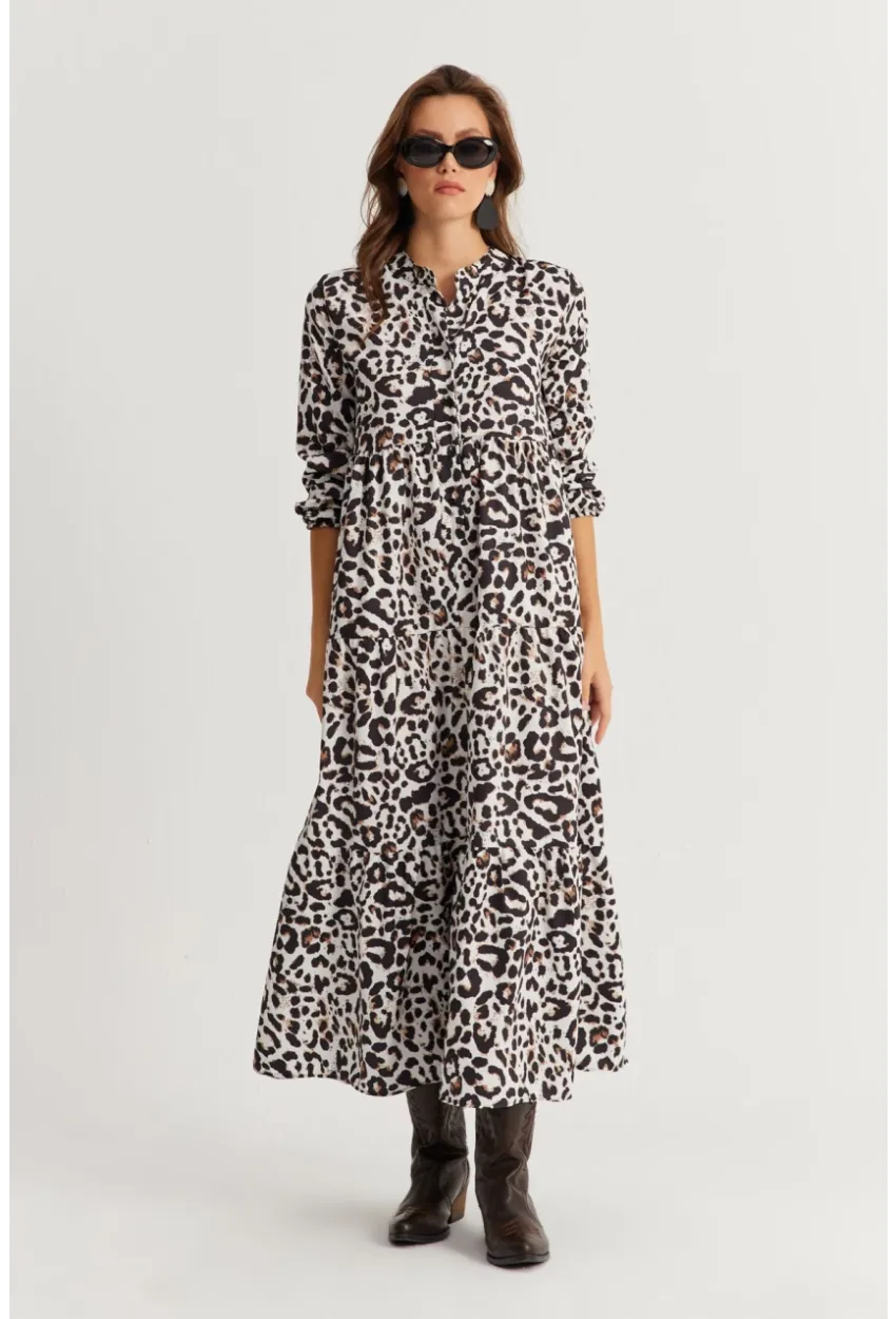Kadın Siyah-Ekru Volanlı Desenli Maxi Elbise YLE14