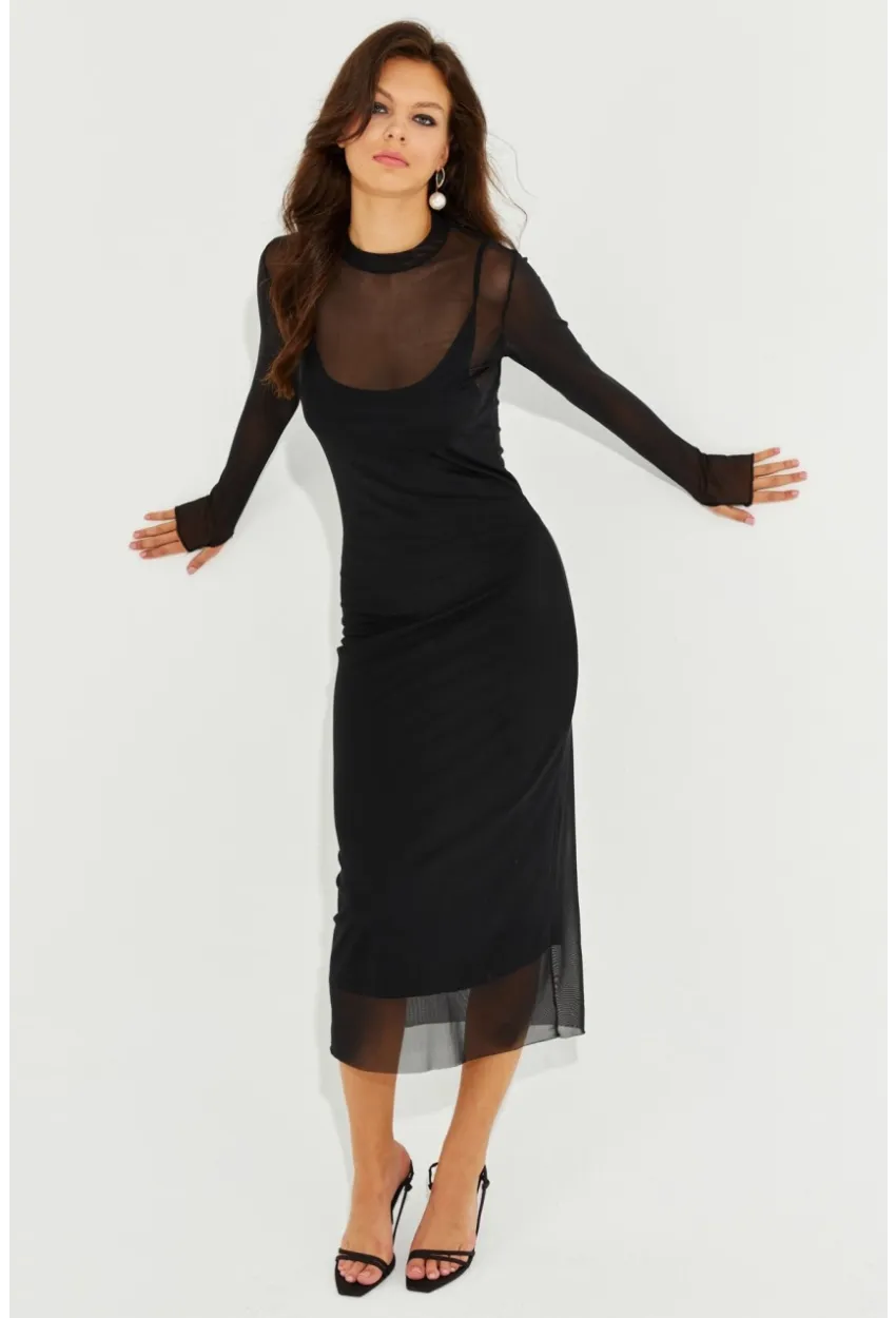 Kadın Siyah Eldivenli İkili Midi Tül Elbise MEN2006