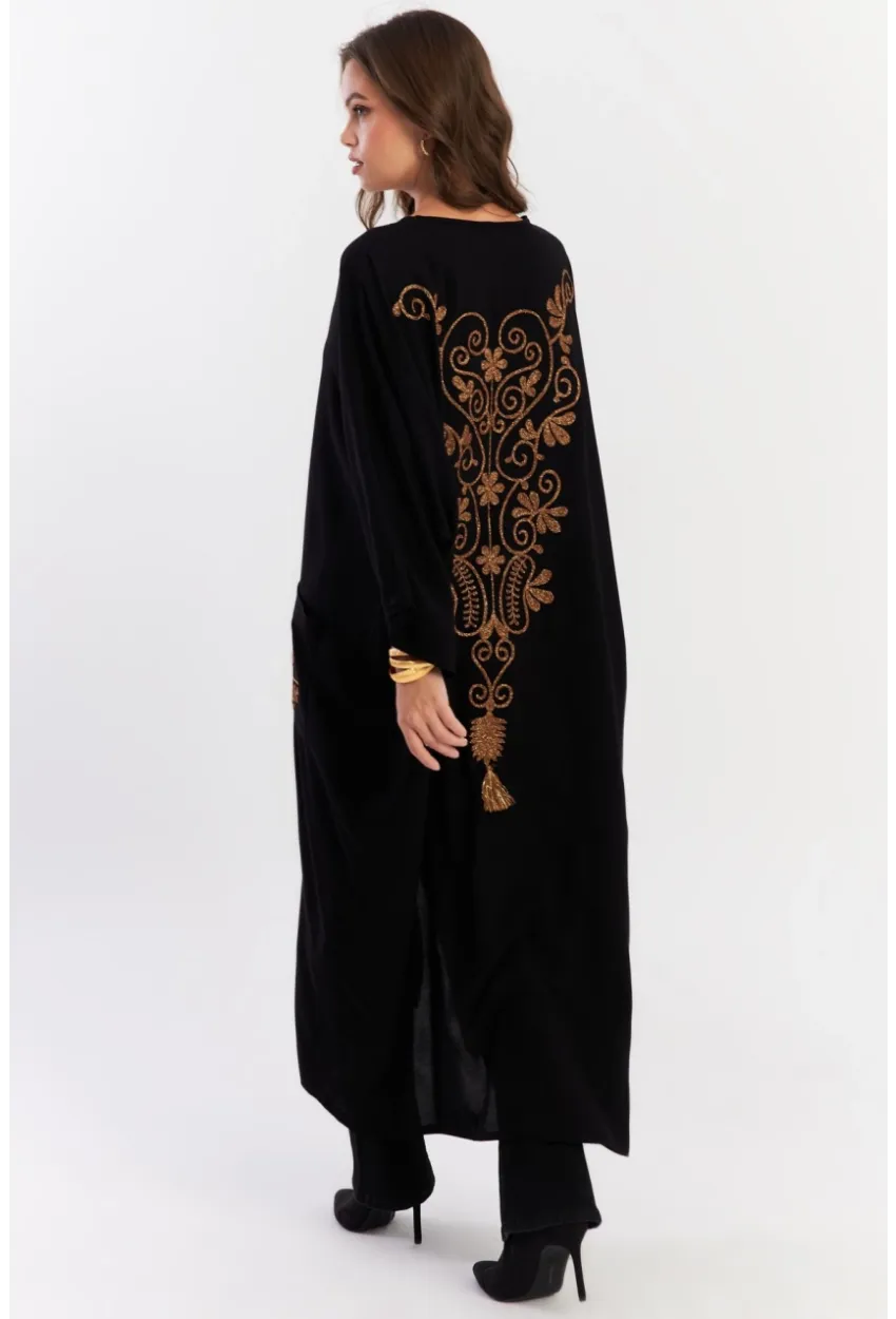 Kadın Siyah Etnik Desenli Maxi Dokuma Elbise ALO318