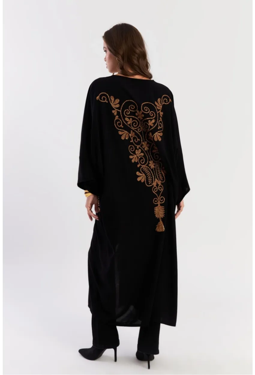 Kadın Siyah Etnik Desenli Maxi Dokuma Elbise ALO318