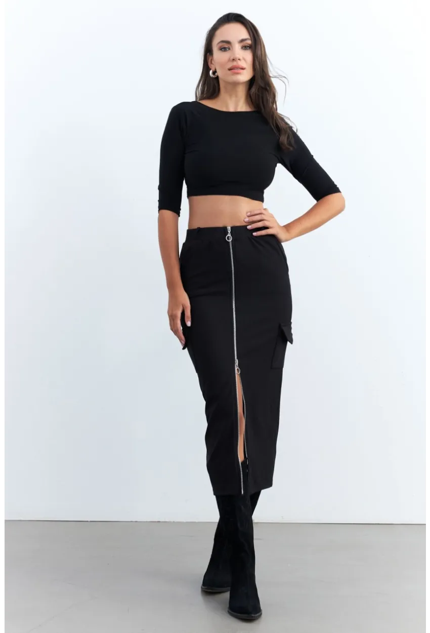 Kadın Siyah Fermuarlı Cepli Midi Etek ELT3999