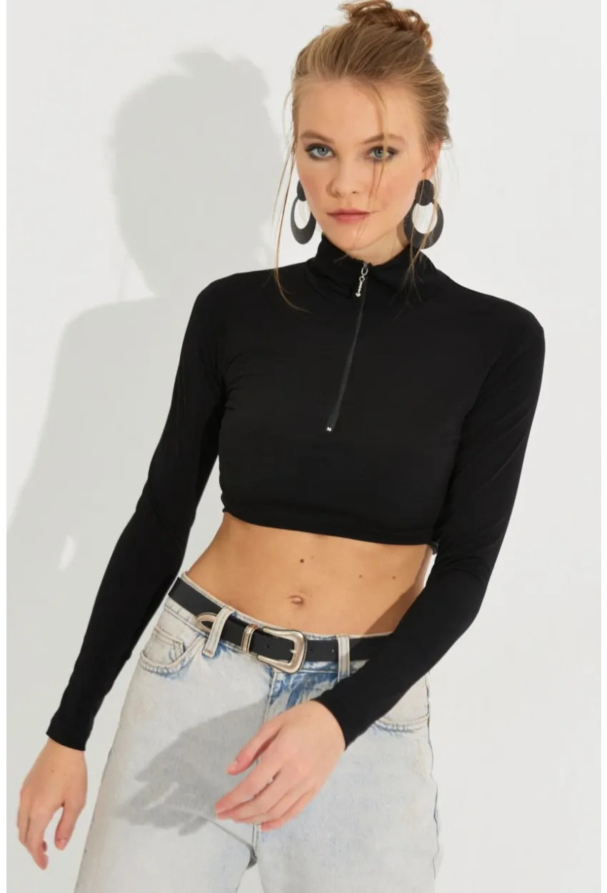 Kadın Siyah Fermuarlı Crop Bluz MEN2020