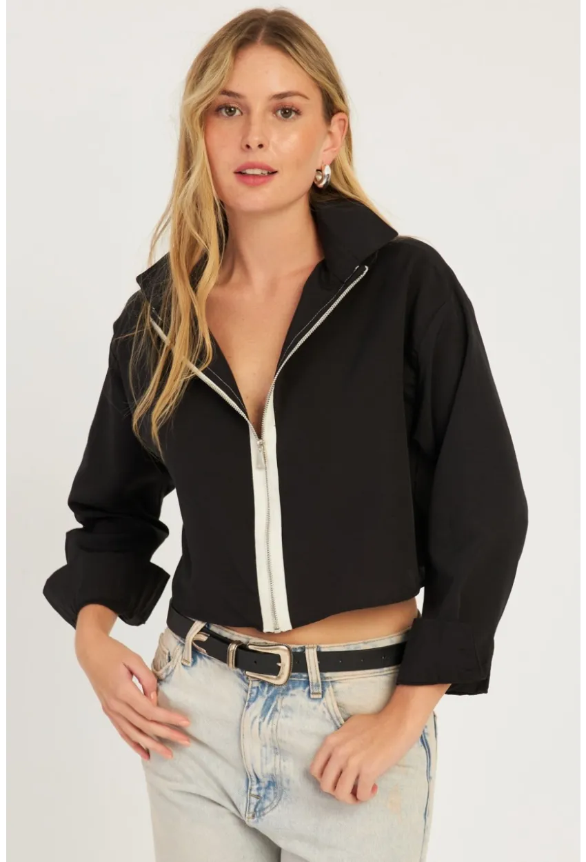 Kadın Siyah Fermuarlı Kısa Gömlek SF2541