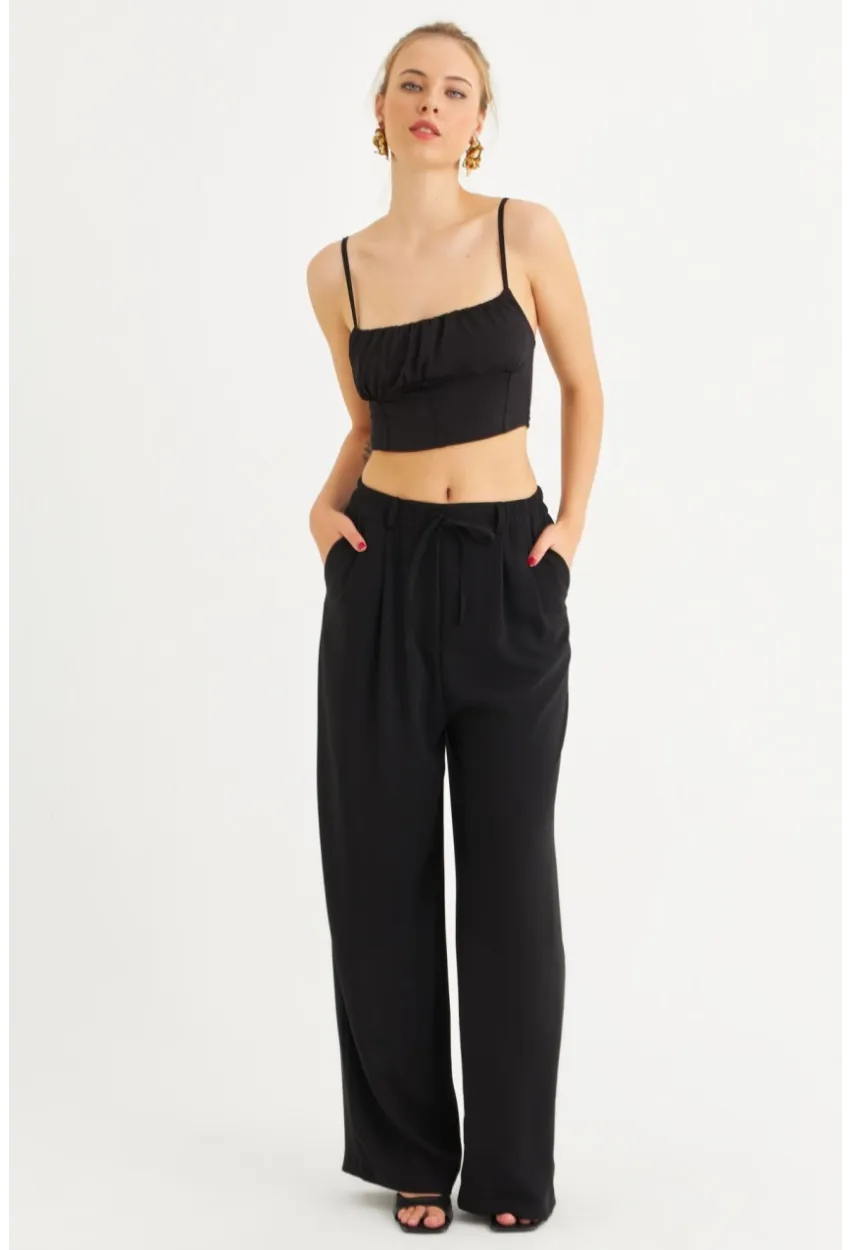 Kadın Siyah Fermuarlı Palazzo Pantolon MON143