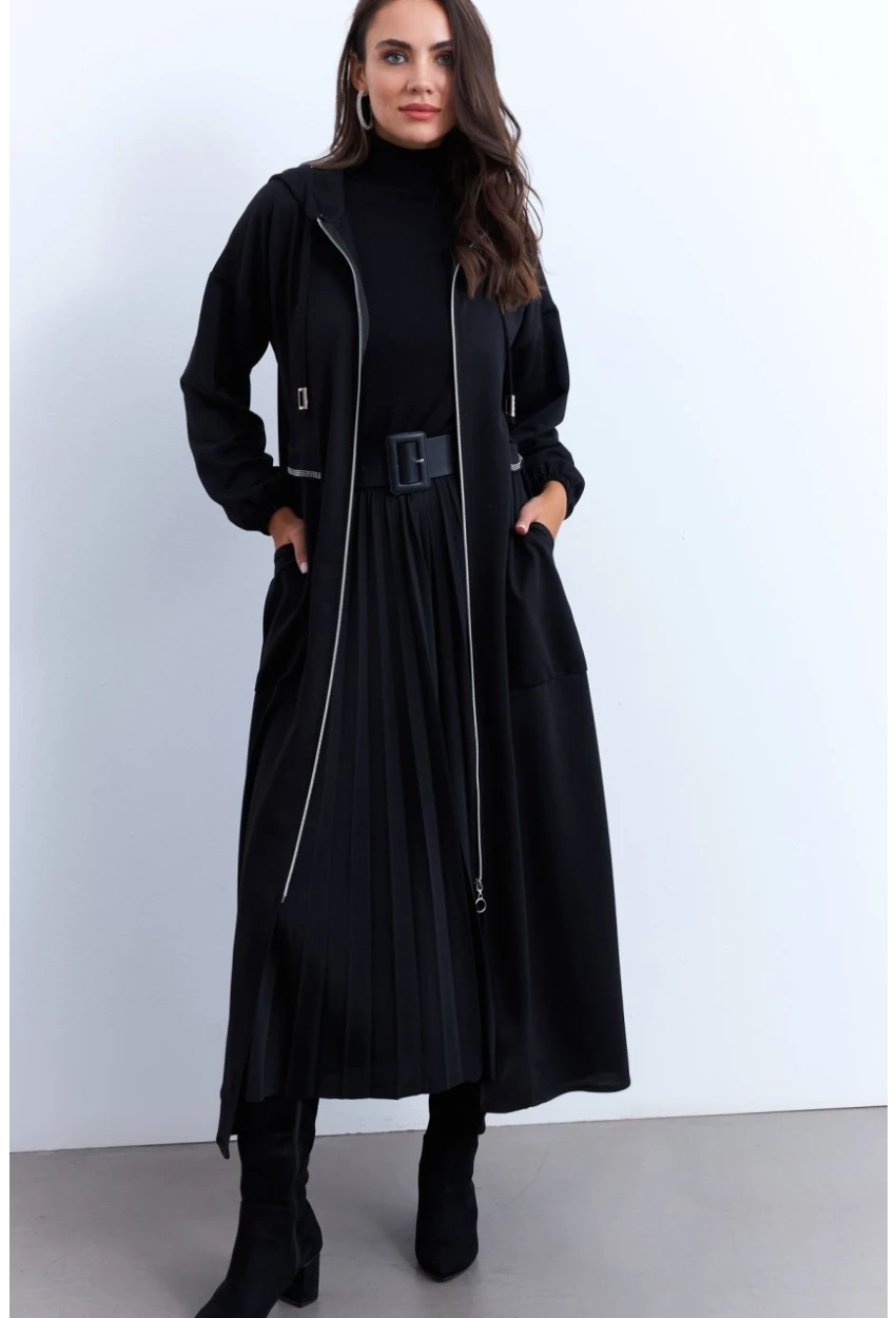 Kadın Siyah Fermuarlı Taşlı Sweat Elbise MASF21