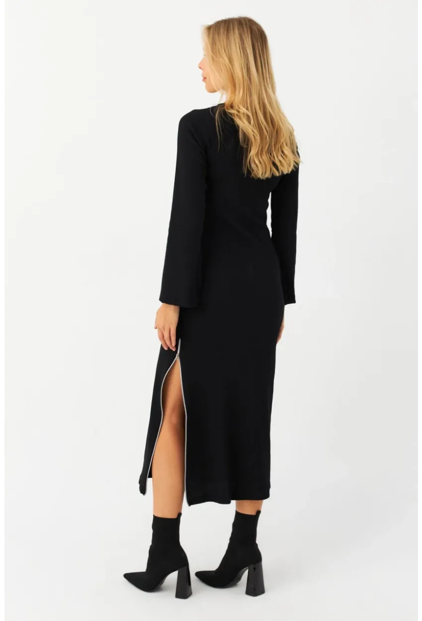 Kadın Siyah Fermuarlı Yırtmaçlı Kaşkorse Midi Elbise EY2990