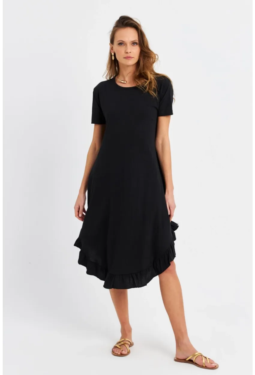 Kadın Siyah Fırfırlı Basic Elbise MALB5005