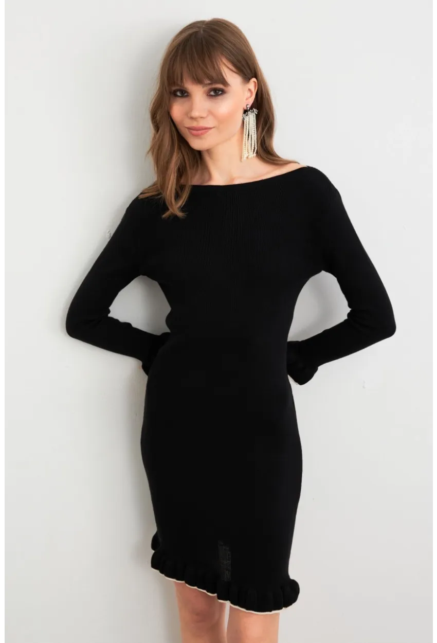 Kadın Siyah Fırfırlı Basic Triko Midi Elbise SF2559