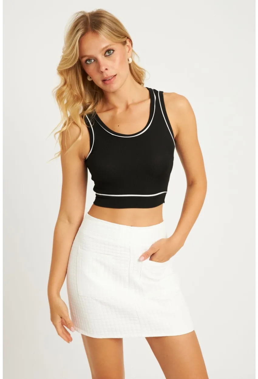 Kadın Siyah Fitilli Crop Bluz CG359