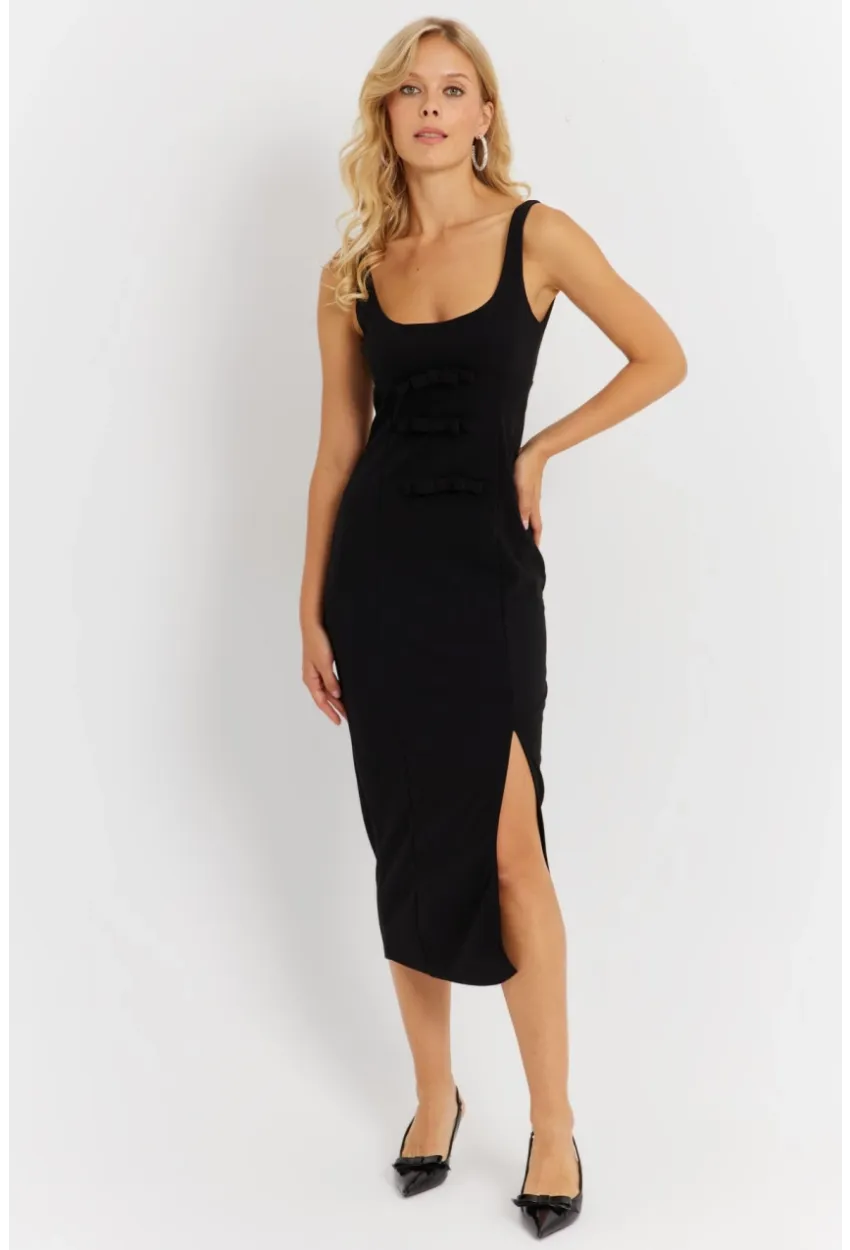 Kadın Siyah Fiyonk Detaylı Yırtmaçlı Midi Elbise KED4283