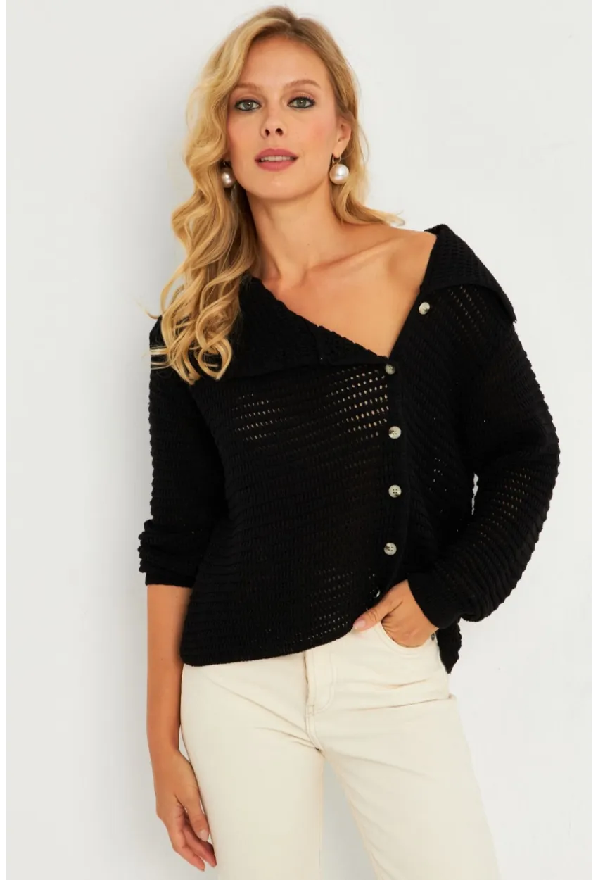 Kadın Siyah Geniş Yakalı Triko Hırka MİW4571