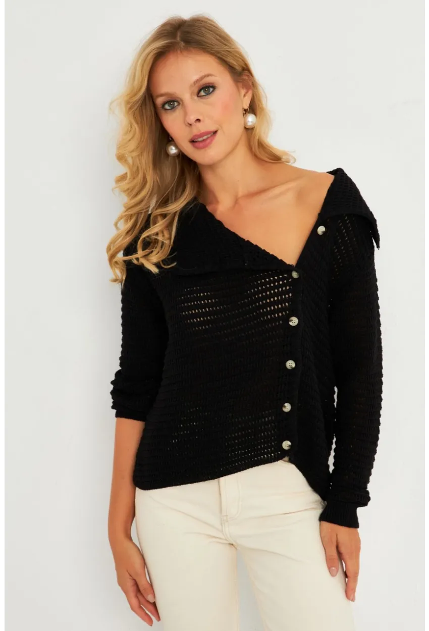 Kadın Siyah Geniş Yakalı Triko Hırka MİW4571