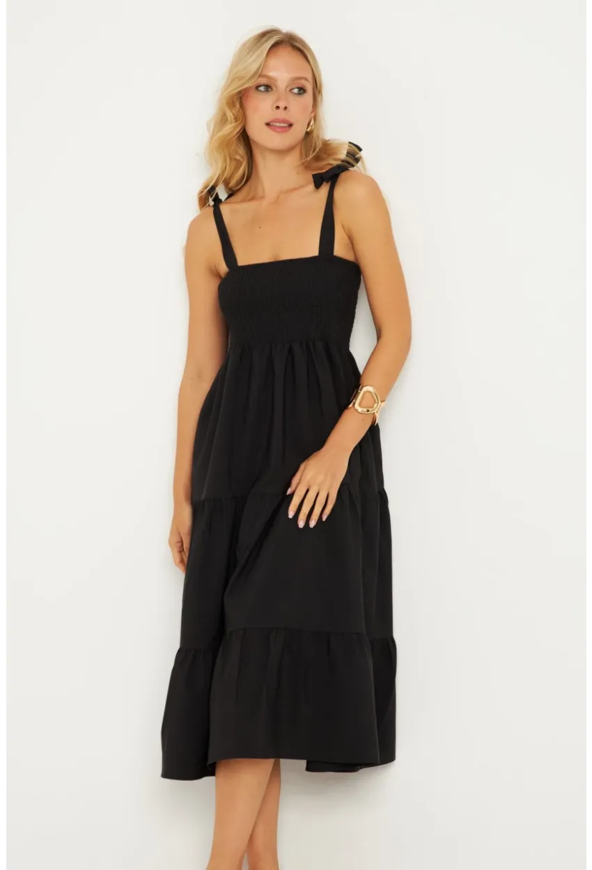 Kadın Siyah Gipeli Volanlı Midi Elbise SGT407