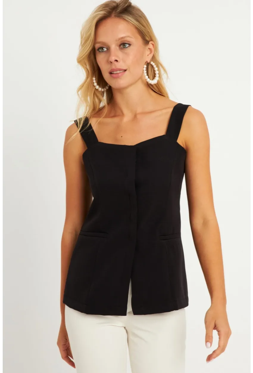 Kadın Siyah Gizli Düğmeli Yelek TW60236