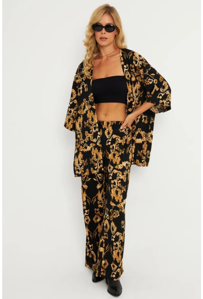 Kadın Siyah-Gold Desenli Bürümcük Alt Üst  Takım LON3004