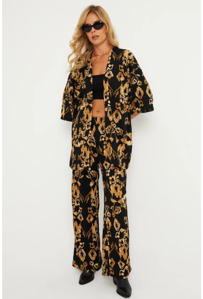 Kadın Siyah-Gold Desenli Bürümcük Alt Üst  Takım LON3004