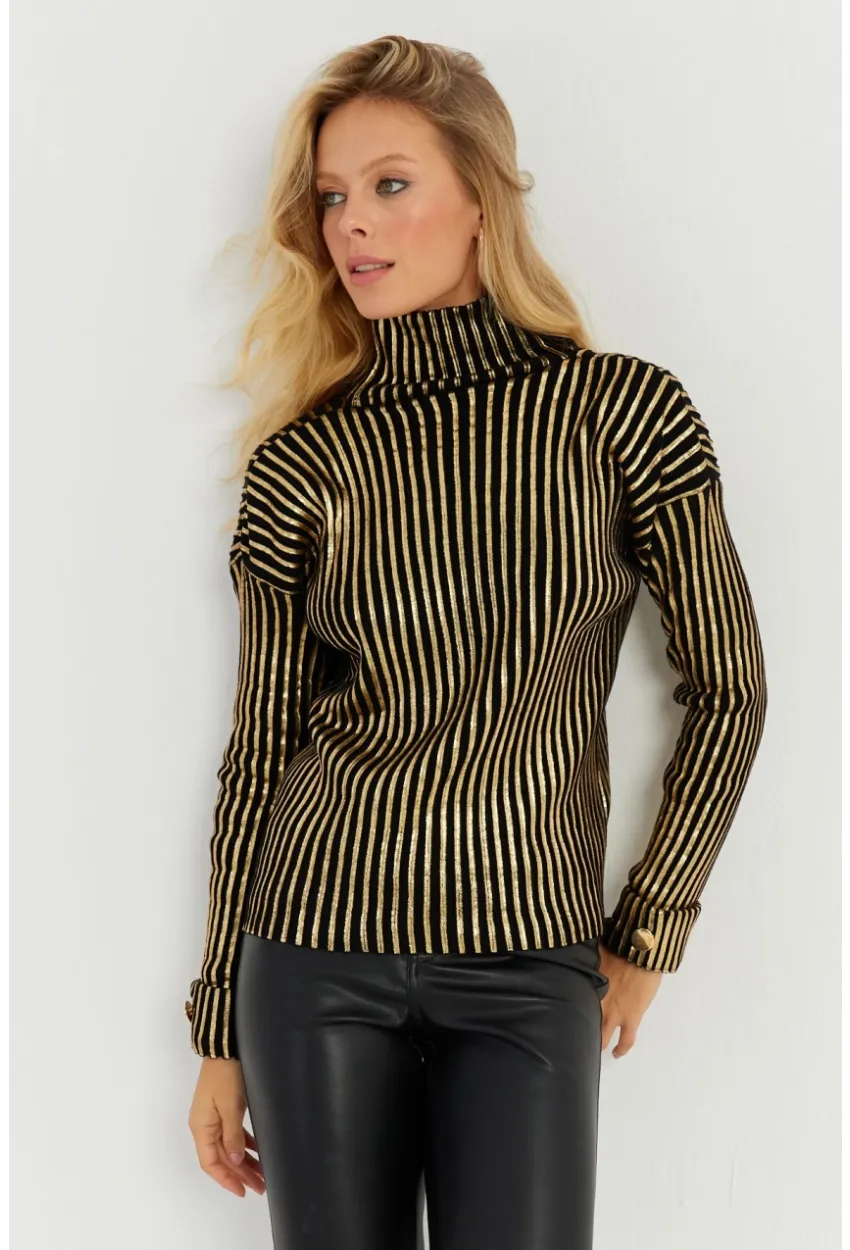 Kadın Siyah-Gold Düğme Detaylı Varaklı Triko Kazak SF2532