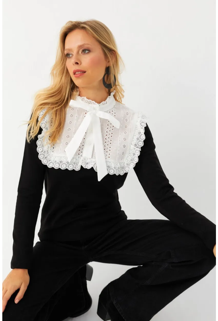 Kadın Siyah Gömlek Bloklu Triko Bluz MQS2117