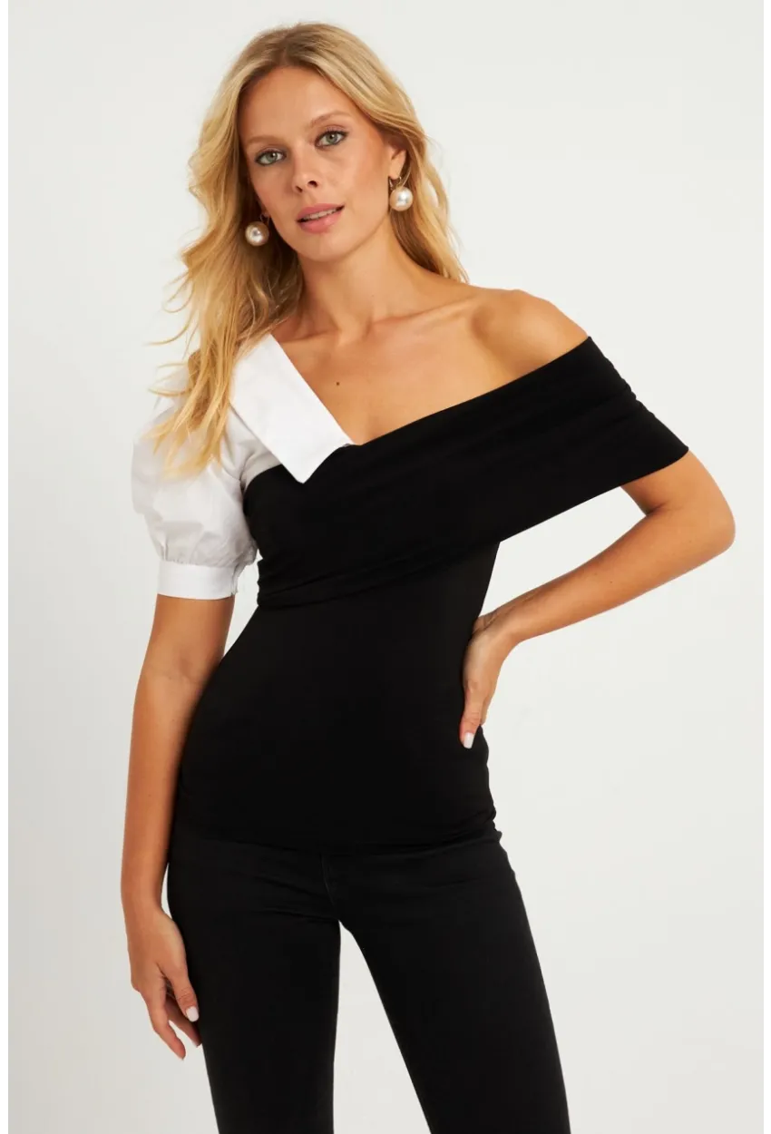 Kadın Siyah Gömlek Detaylı Bluz MEN2055