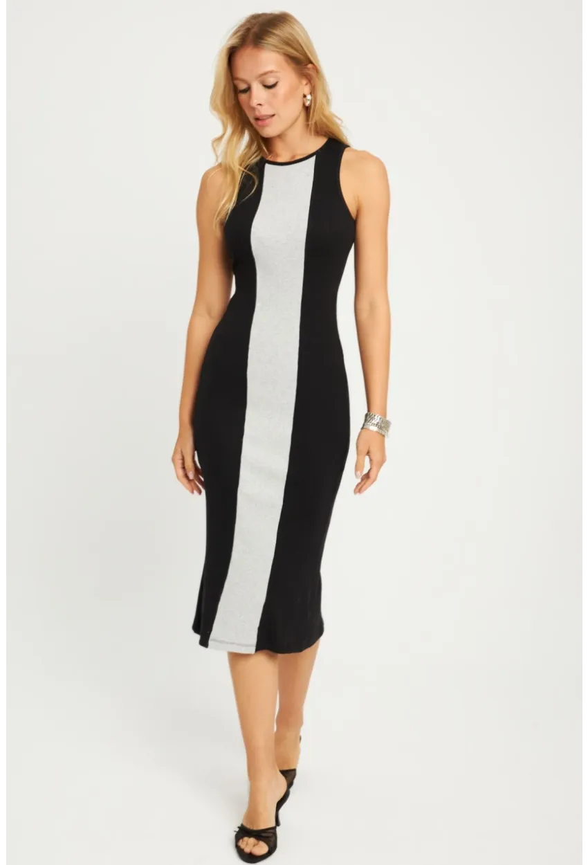 Kadın Siyah-Gri Kaşkorse Yırtmaçlı Midi Elbise XL2010