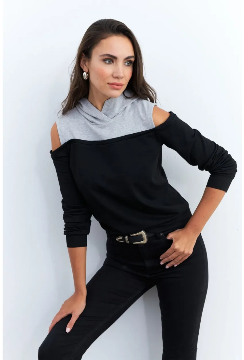 Kadın Siyah-Gri Omuzları Açık Sweatshirt TF15