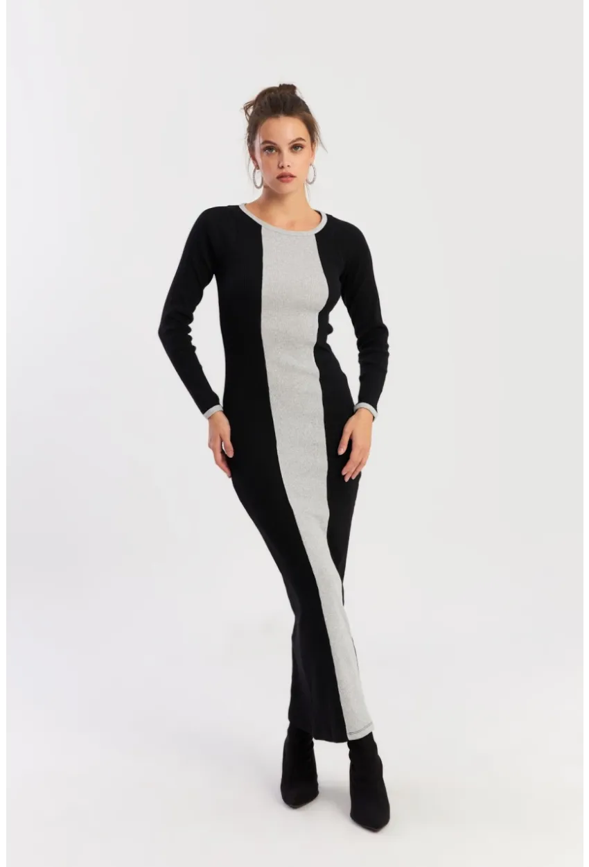 Kadın Siyah-Grı Renk Bloklu Kaşkorse Maxi Elbise XL403