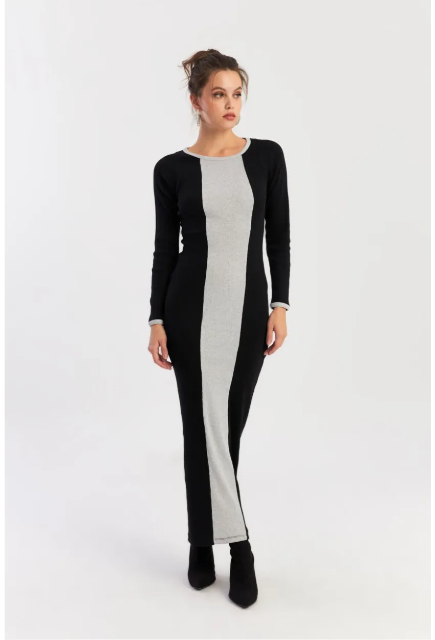 Kadın Siyah-Grı Renk Bloklu Kaşkorse Maxi Elbise XL403