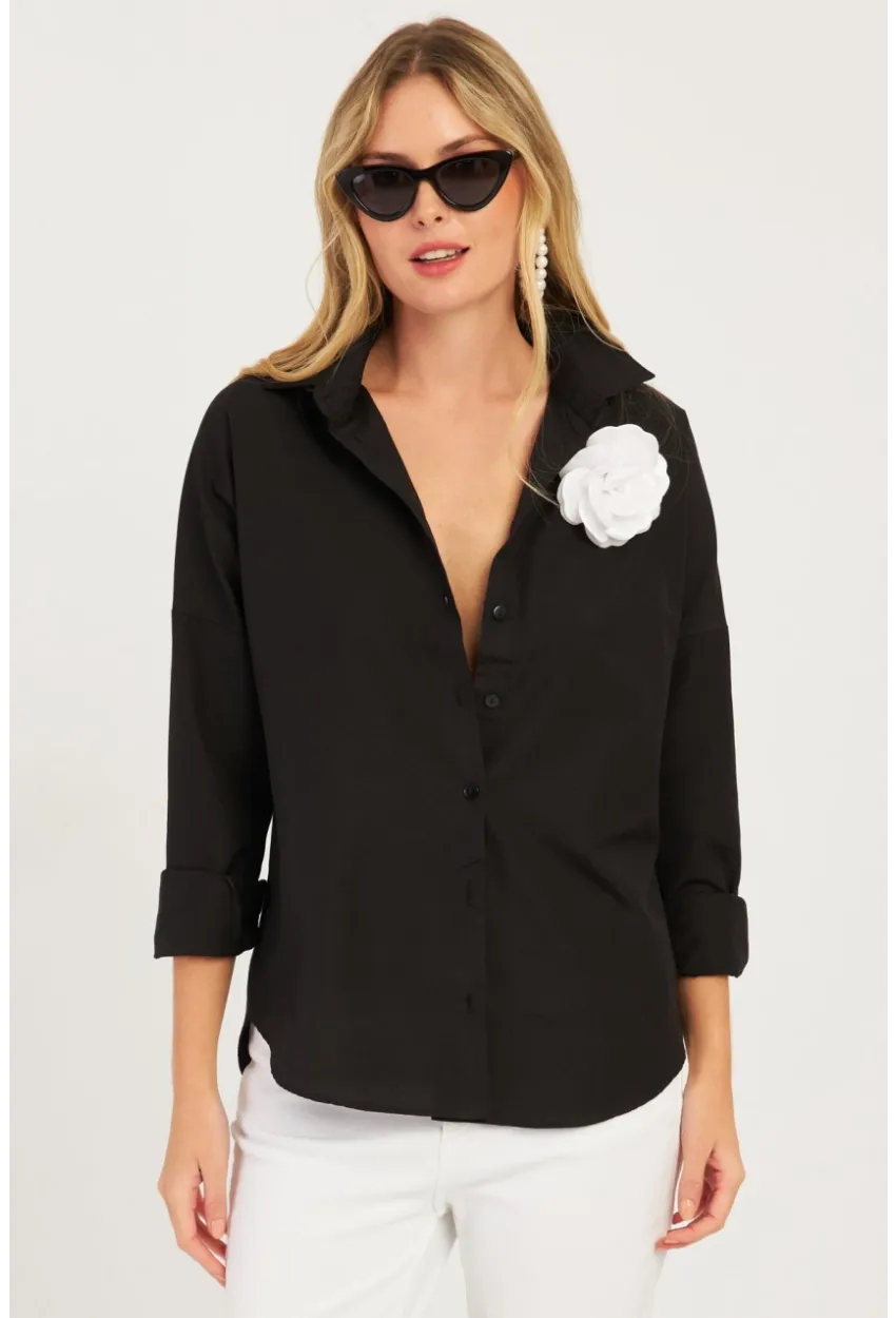 Kadın Siyah Gül Aksesuarlı Gömlek SF2540