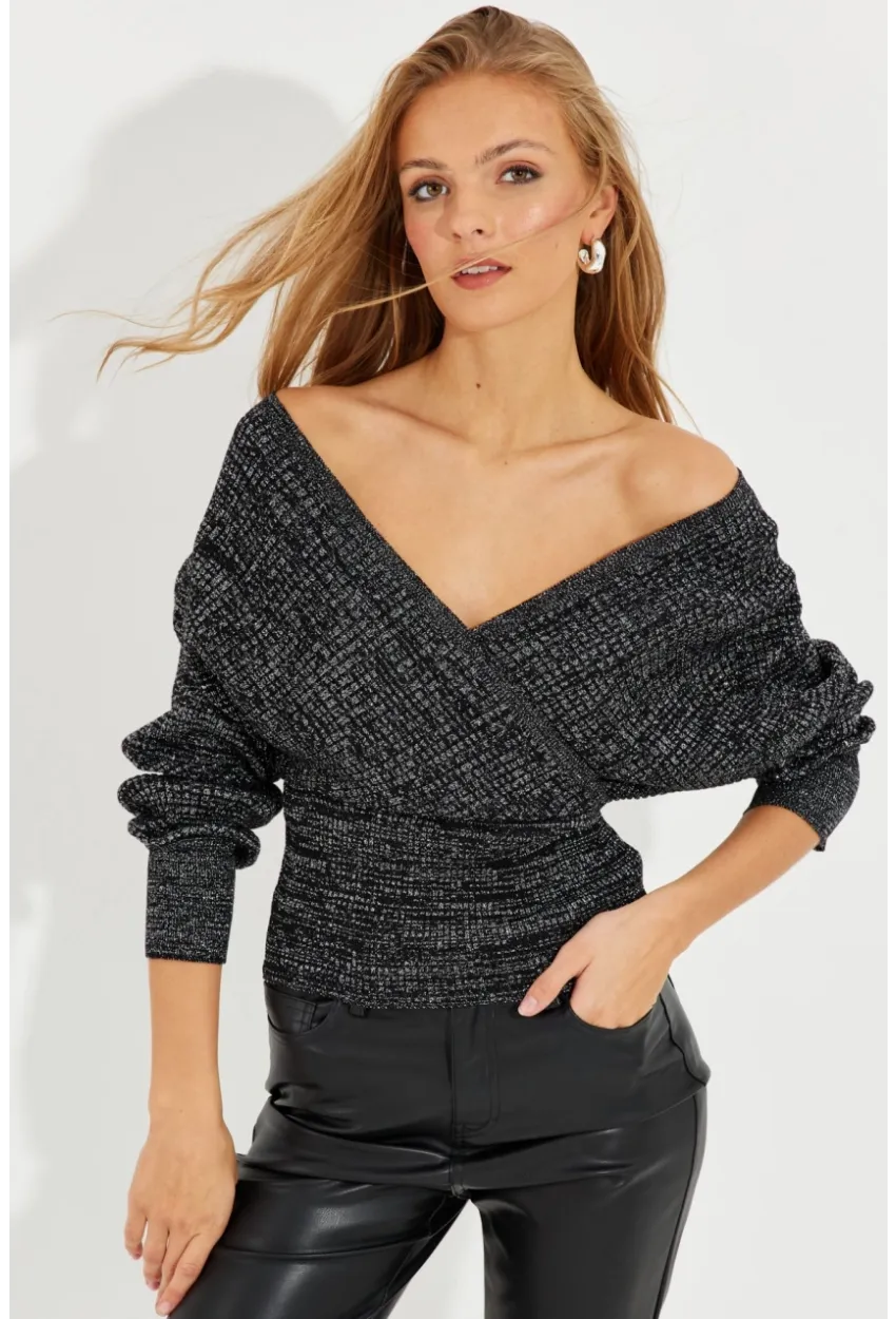 Kadın Siyah-Gümüş Kruvaze Simli Kazak KED125