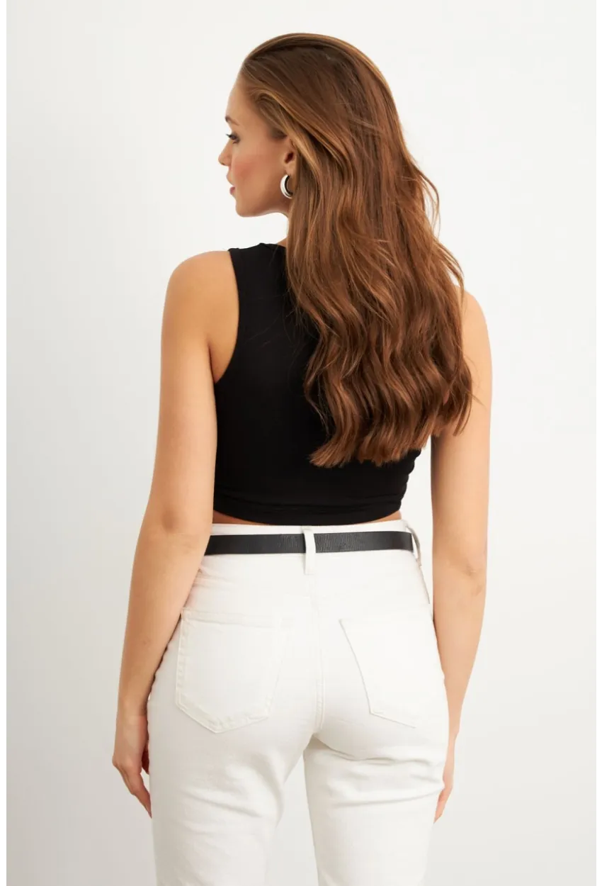 Kadın Siyah Halkalı Crop Bluz EY3094