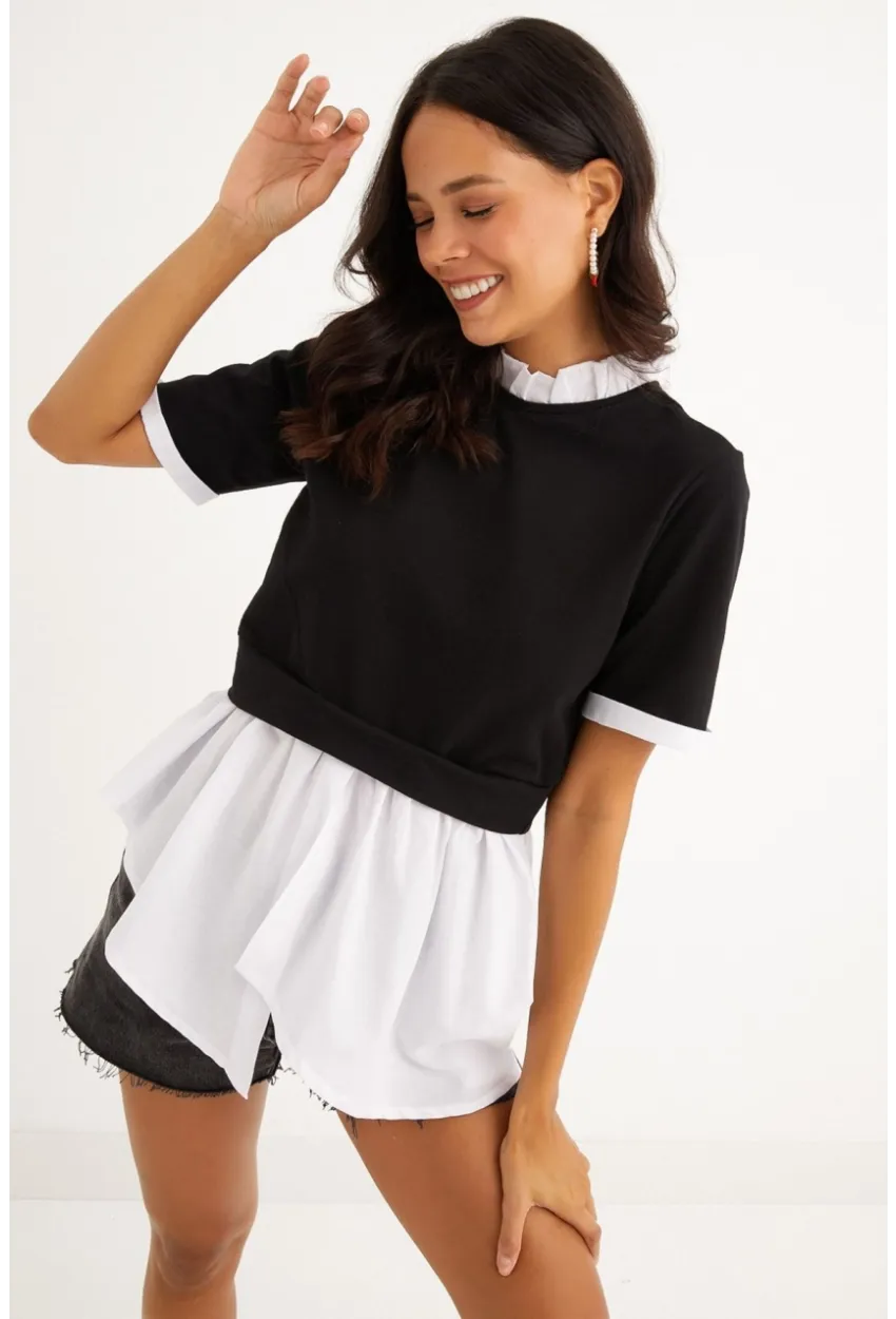 Kadın Siyah İkili Asimetrik İki İplik Bluz B1454