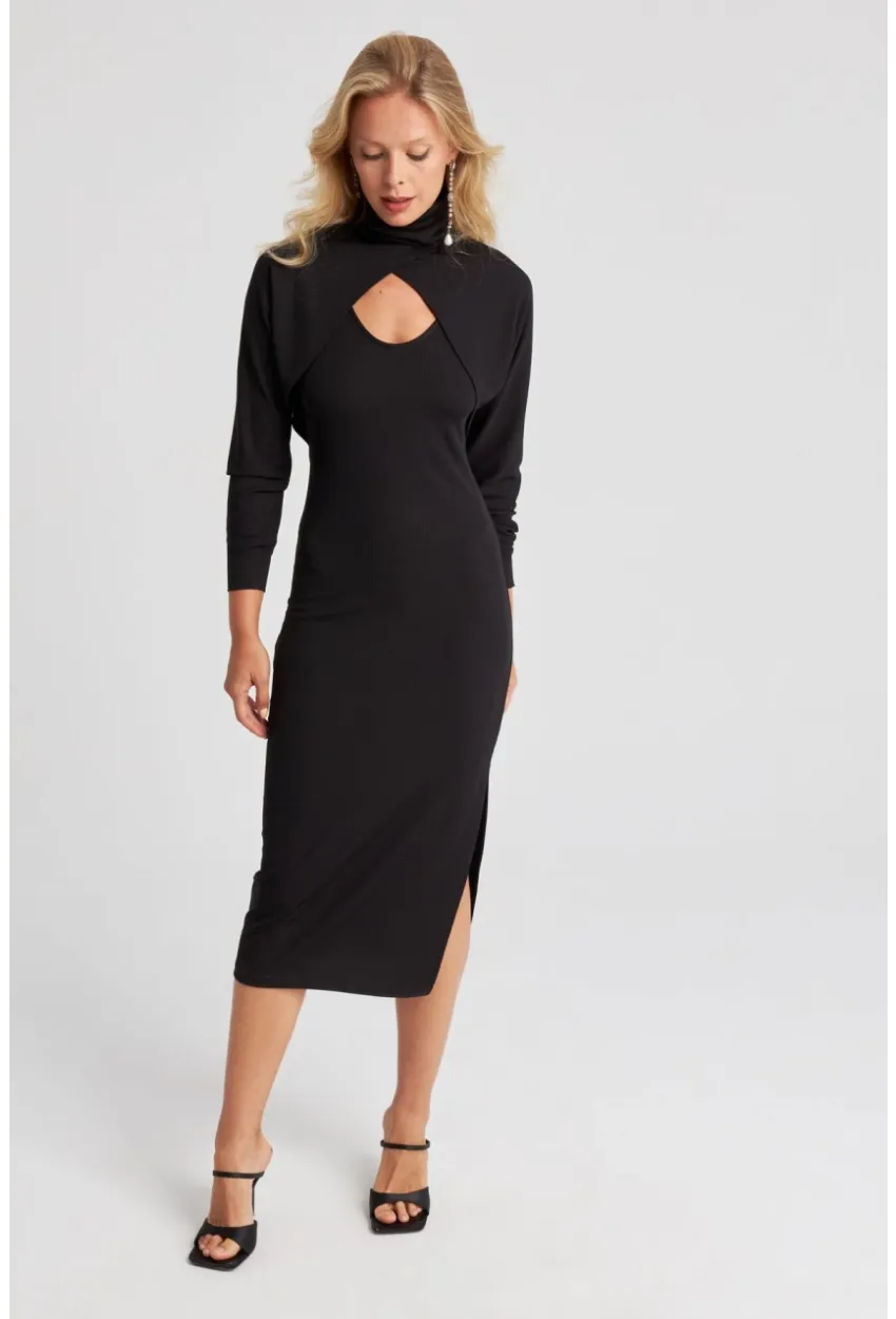 Kadın Siyah İkili Bolerolu Midi Elbise KED133