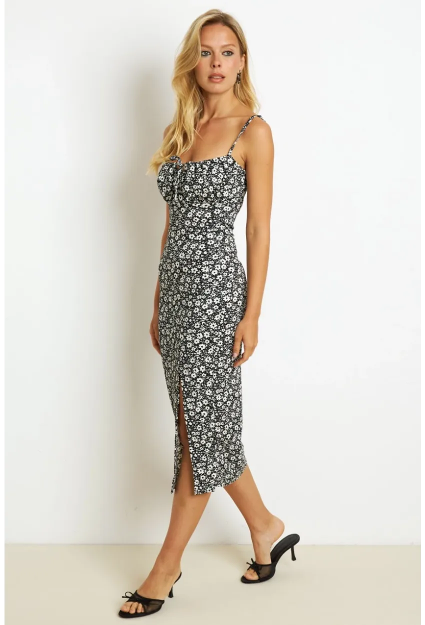 Kadın Siyah İnce Askılı Midi Elbise MON125