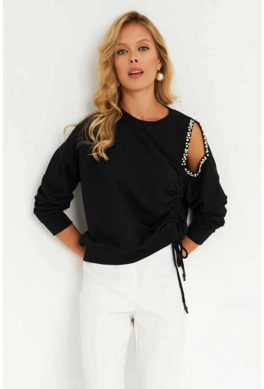 Kadın Siyah İnci Detaylı Büzgülü Sweatshirt RLO04