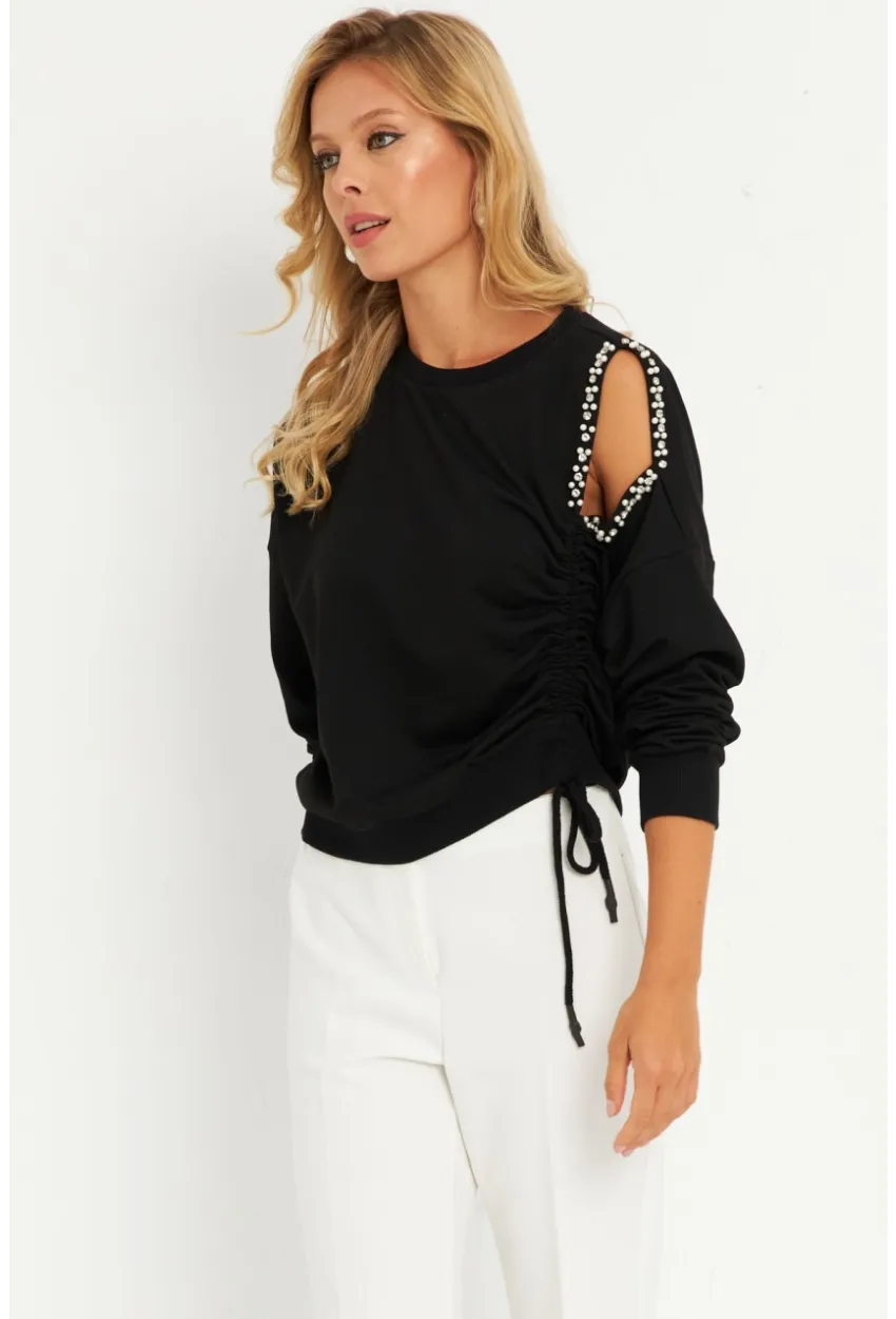 Kadın Siyah İnci Detaylı Büzgülü Sweatshirt RLO04