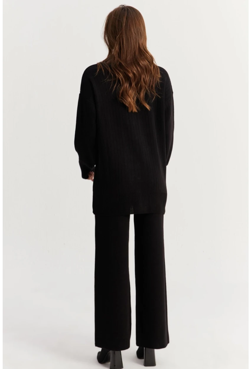 Kadın Siyah İnci Düğmeli Hırka Triko Alt Üst Takım NUV26