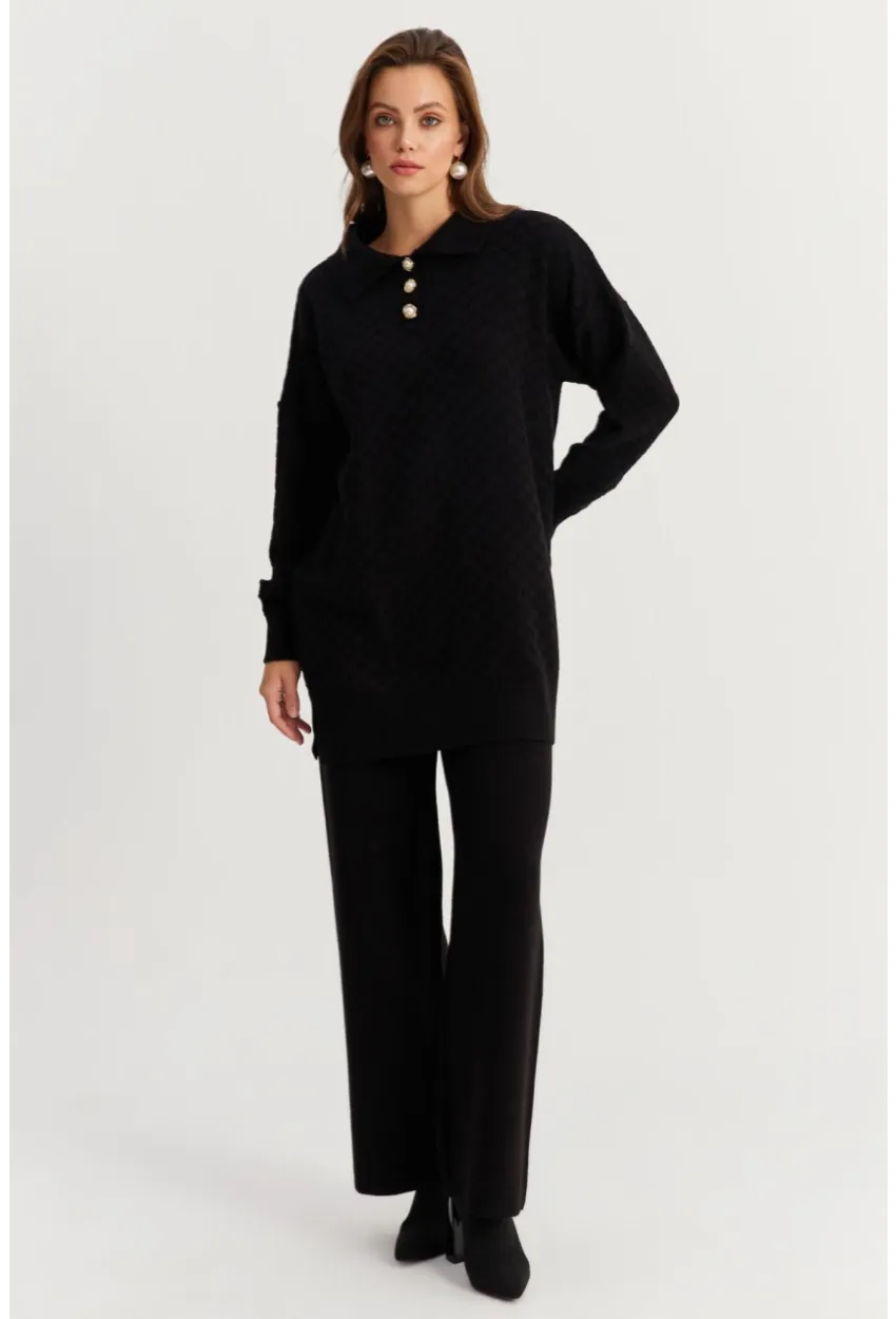 Kadın Siyah İnci Düğmeli Triko Alt Üst Takım NUV33