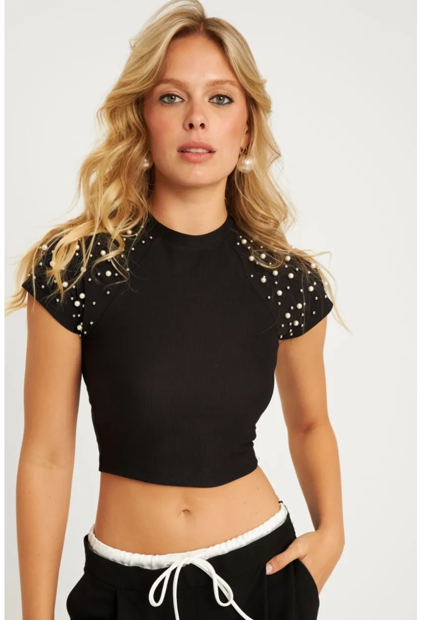 Kadın Siyah İncili Kısa Bluz HOL2112