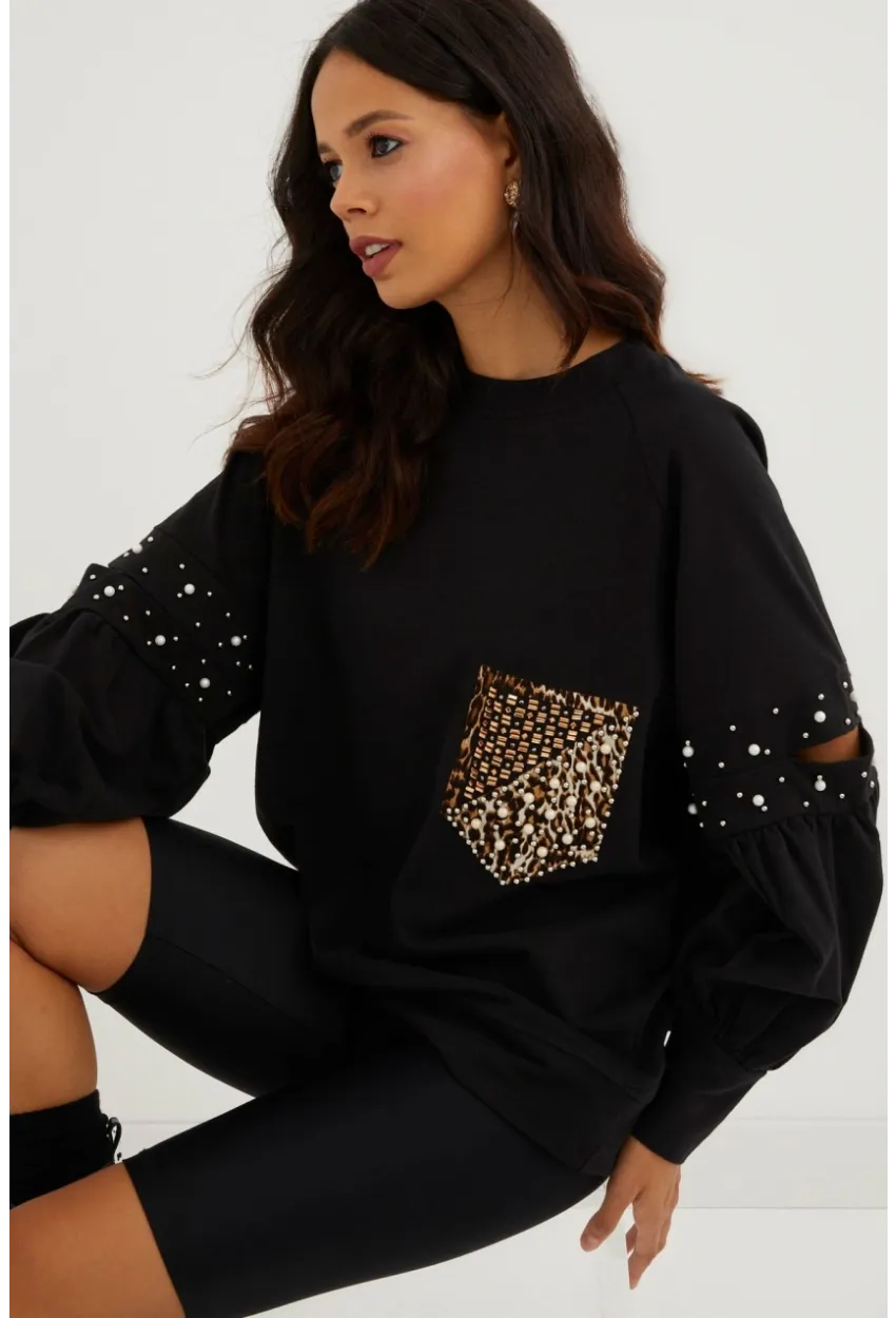 Kadın Siyah İncili Kol Detaylı Sweatshirt PKA400