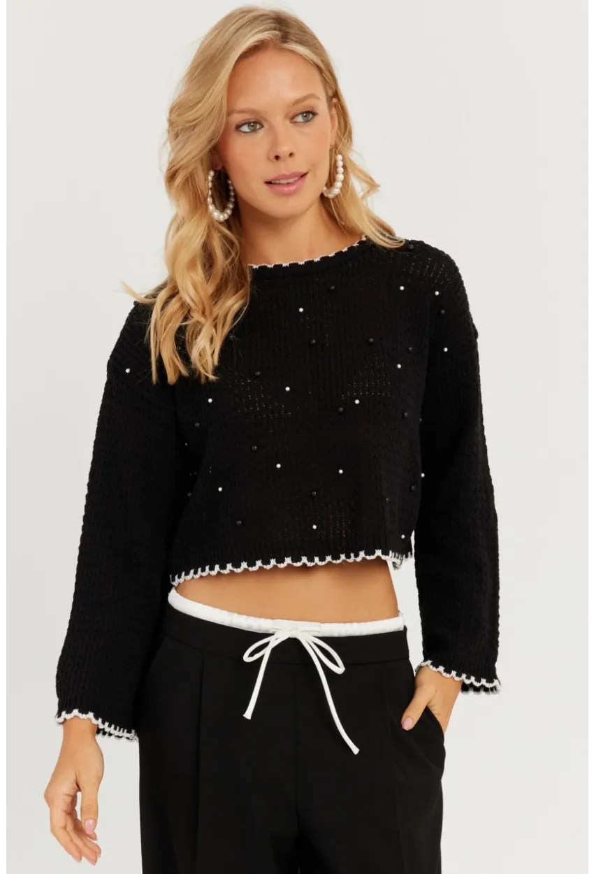 Kadın Siyah İncili Triko Bluz MİW7561