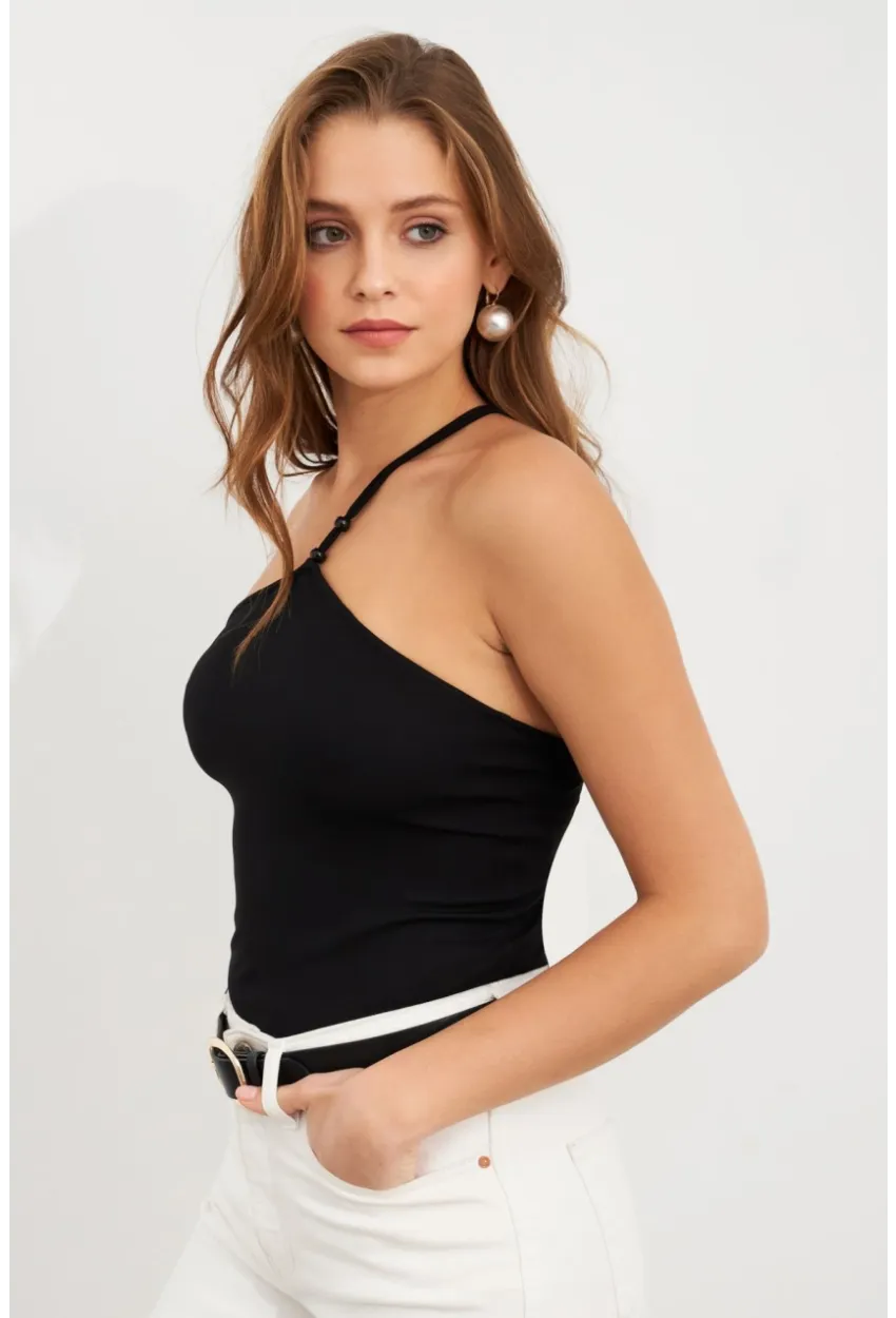Kadın Siyah İp Askılı Çıtçıtlı Body ZH014
