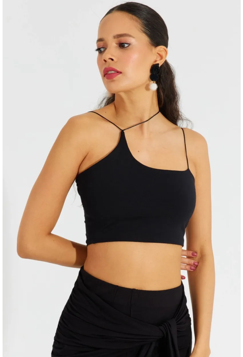 Kadın Siyah İp Askılı Crop Bluz B2594
