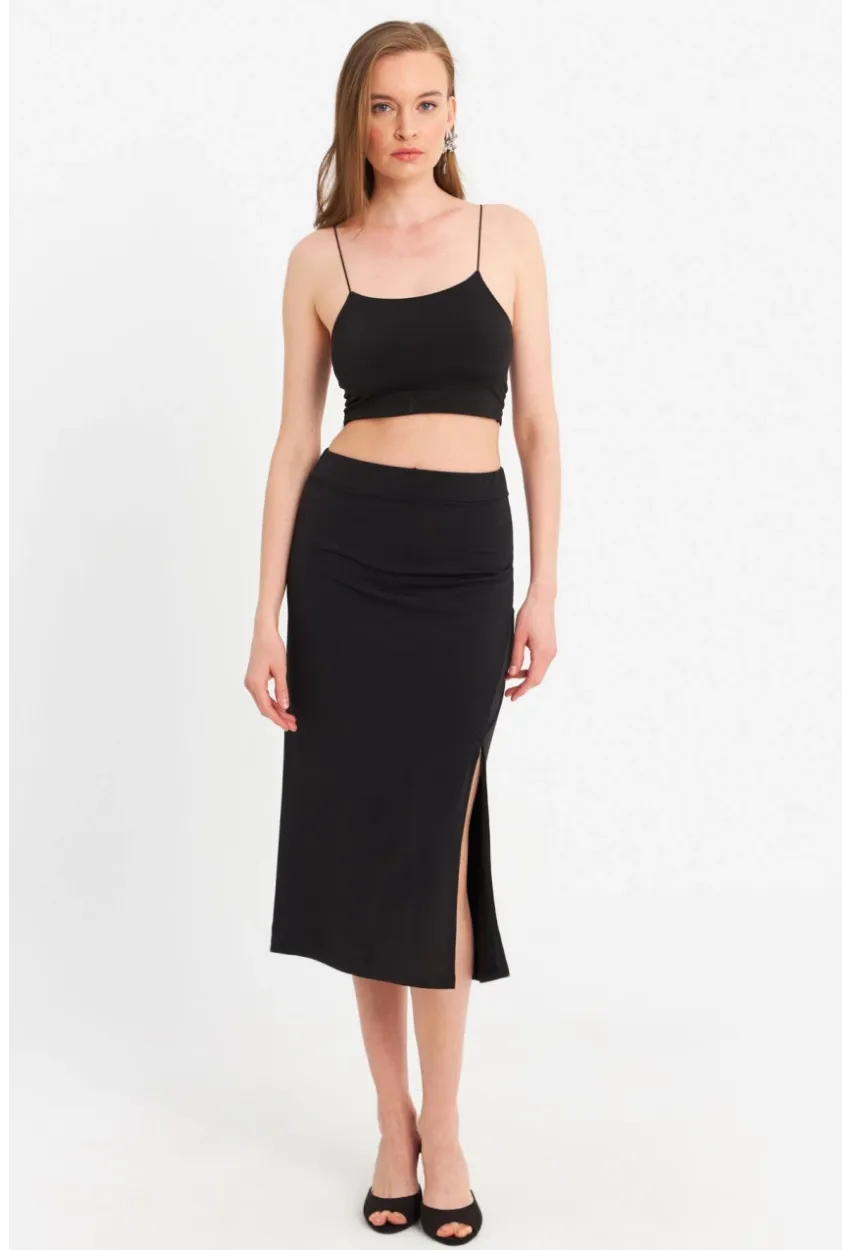 Kadın Siyah İp Askılı Crop Etek Takım MRS10004-1