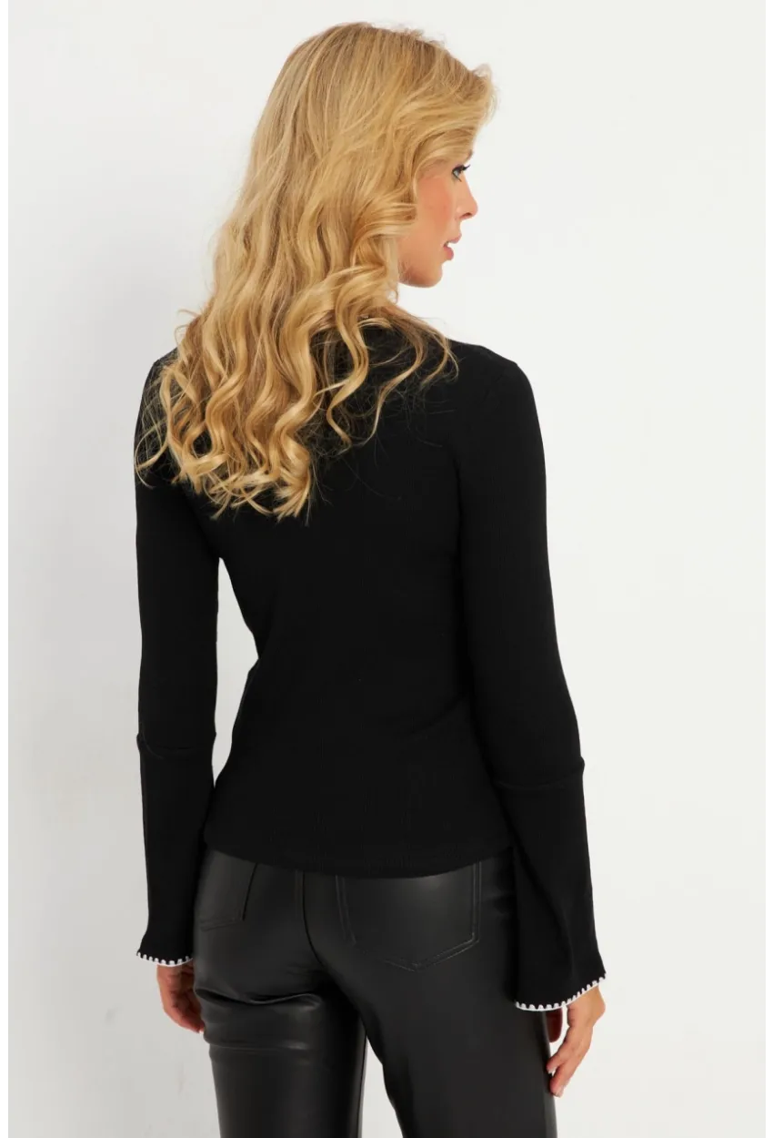 Kadın Siyah İspanyol Kol Biyeli Kaşkorse Bluz XL14