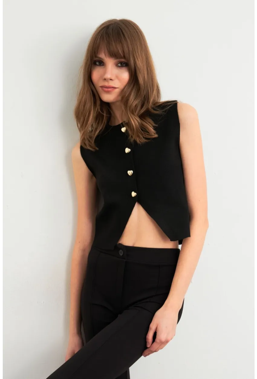 Kadın Siyah Kalp Düğmeli Triko Bluz SF2560