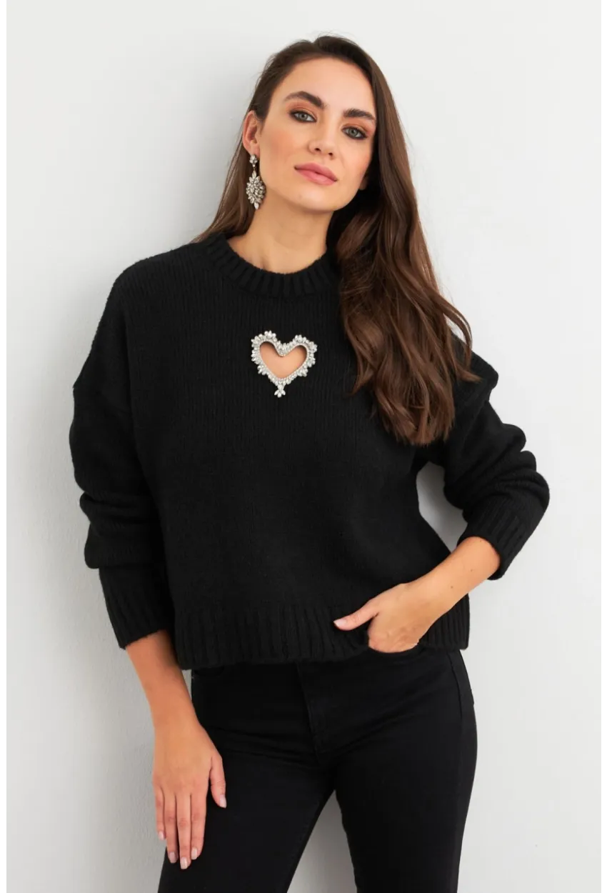 Kadın Siyah Kalp Pencereli Kazak TEM101