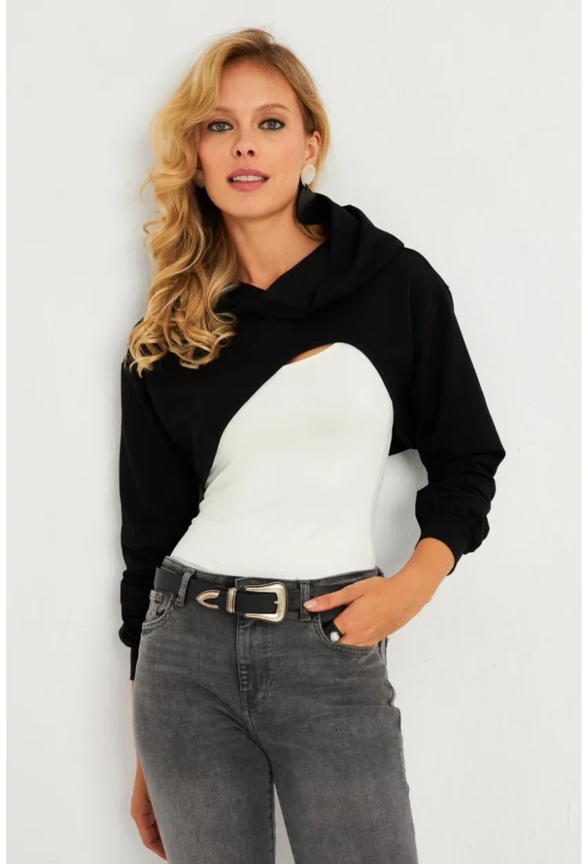 Kadın Siyah Kapüşonlu Crop Sweatshirt  TF03