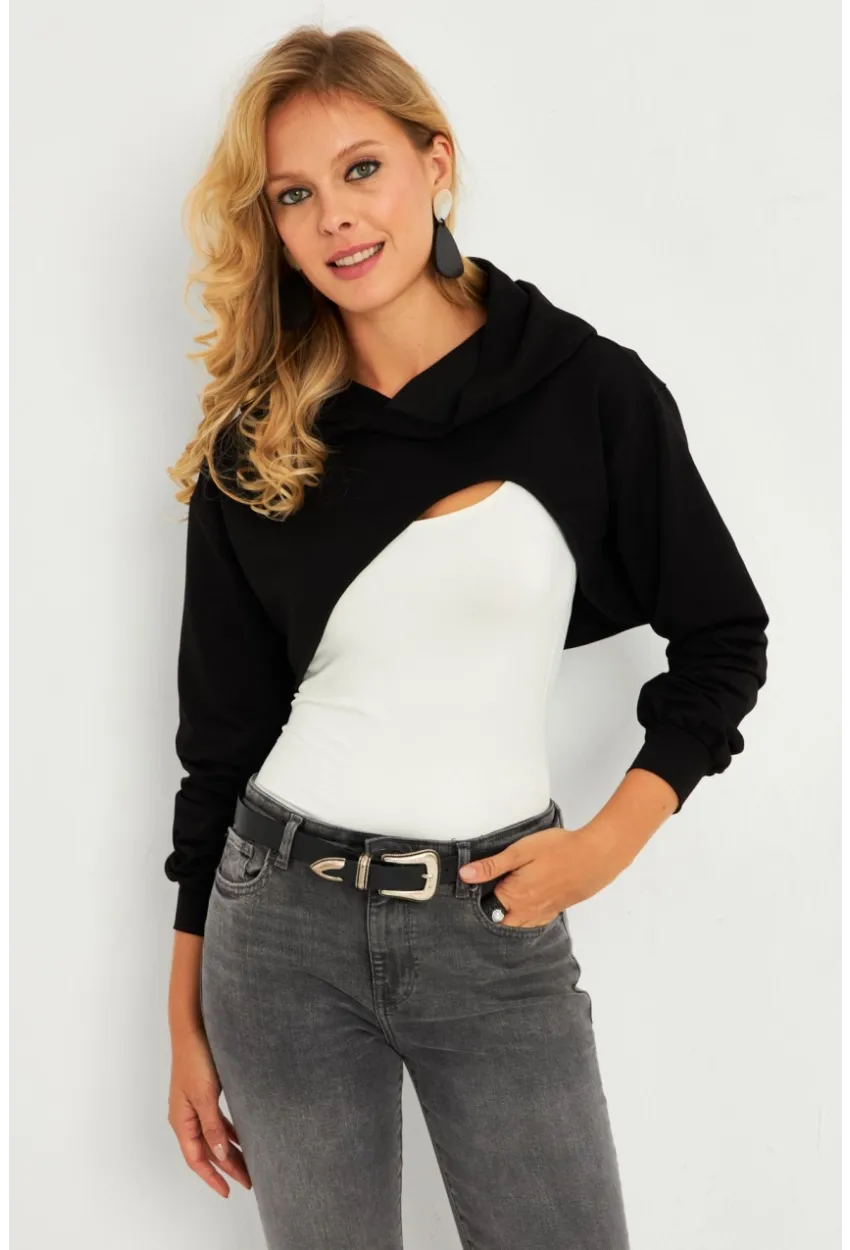 Kadın Siyah Kapüşonlu Crop Sweatshirt  TF03